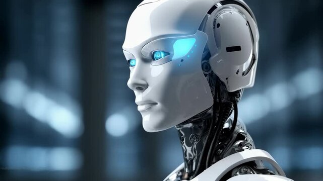 Humanoid robot in bright modern laboratory. Future robotic and cybernetic concept. Futuristic artificial intelligence technology and robotization