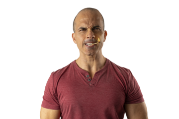 48 year old Brazilian man, facing the camera and with a lit match in his mouth_2.