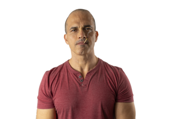 48 year old Brazilian man, facing the camera and with a lit match in his mouth_5.