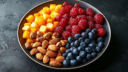 A black plate with a variety of fruits and nuts, full of blueberries, raspberries, almonds, and mango. Mixed fruits and nuts, brain-stimulating snack, healthy, natural energy boost, solid background.