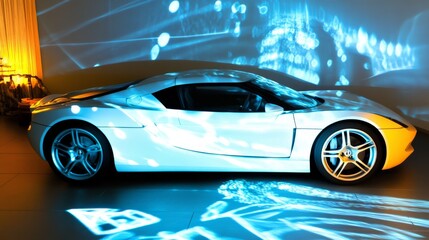 Naklejka premium A sleek white sports car illuminated with dynamic light patterns, showcasing modern design and elegance in a stylish setting.