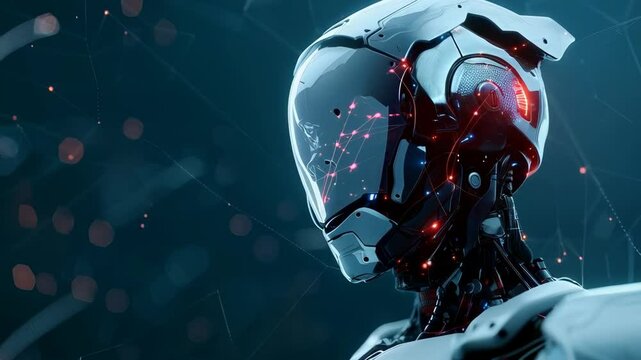 Humanoid robot on dark background with digital lights. Future robotic and cybernetic concept. Futuristic artificial intelligence technology and robotization