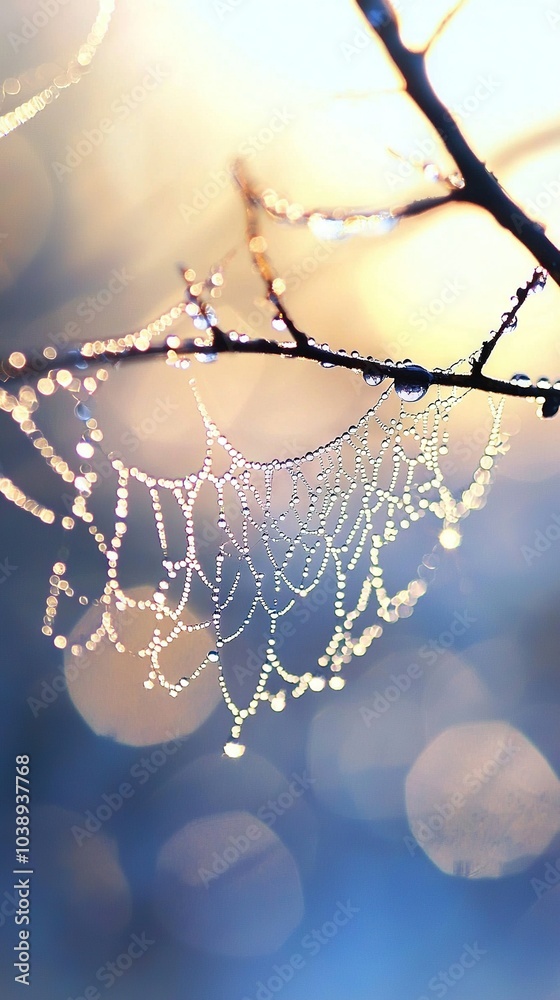 Canvas Prints a clear shot of a tree branch with dew on its foliage against a blue backdrop