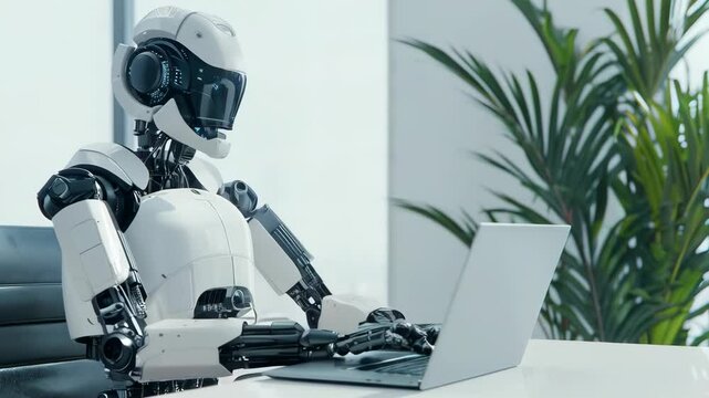Humanoid Ai robot working on laptop in bright modern office. Future robotic and cybernetic concept. Futuristic artificial intelligence technology and neural networks,