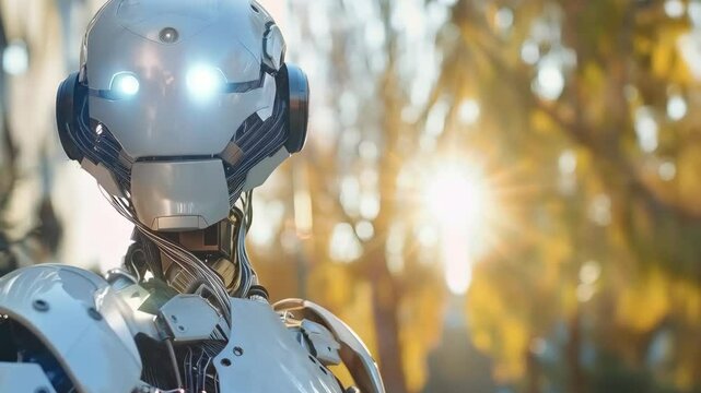 Humanoid robot in park with sunlight. Future robotic and cybernetic concept. Futuristic artificial intelligence technology and robotization
