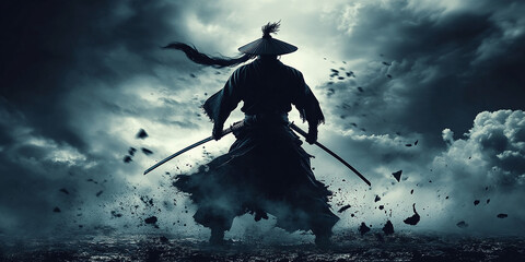 Naklejka premium A dramatic silhouette of a lone samurai standing in traditional armor, holding two swords amidst a stormy battlefield. Dark clouds and flying debris intensify the scene's tension