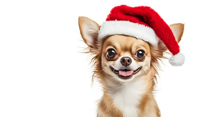 Cute chihuahua dog wearing a Christmas Santa Claus hat against on a white background with free space for text background studio shot