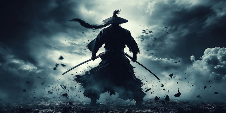 A dramatic silhouette of a lone samurai standing in traditional armor, holding two swords amidst a stormy battlefield. Dark clouds and flying debris intensify the scene's tension