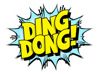 Sound effect bubble with onomatopoeia ‘Ding Dong!’ in retro halftone comic book style 