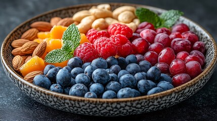 A black plate with a variety of fruits and nuts, full of blueberries, raspberries, almonds, and mango. Mixed fruits and nuts, brain-stimulating snack, healthy, natural energy boost, solid background.