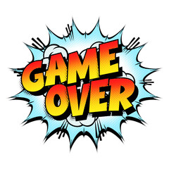 Sound effect bubble with words ‘Game Over’ in retro halftone comic book style 