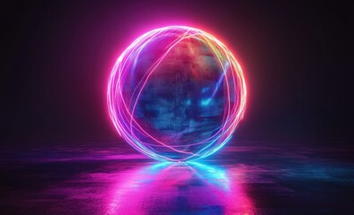 Glowing digital globe illuminated with colorful light trails on a dark background