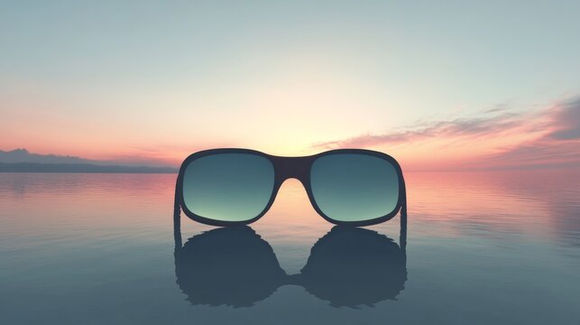 A stylish pair of sunglasses set against a serene sunset over calm waters, perfect for summer vibes and beach escapes.