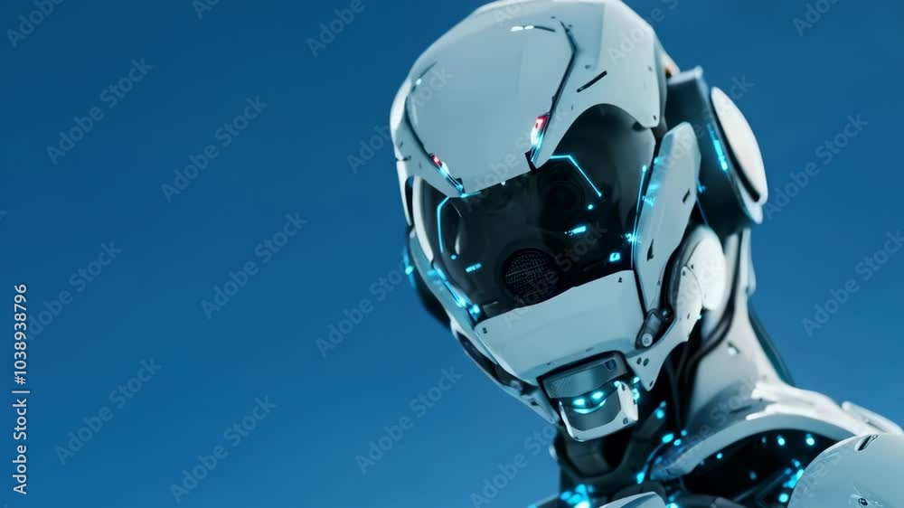Poster humanoid robot with glowing elements on white background. future robotic and cybernetic concept. fut