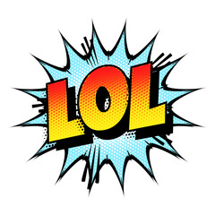 Sound effect bubble with acronym ‘LOL’ in retro halftone comic book style 