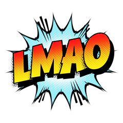 Sound effect bubble with acronym ‘LMAO’ in retro halftone comic book style 