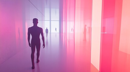 A surreal scene of silhouetted figures walking through vivid, colorful lights in a modern, minimalist space.