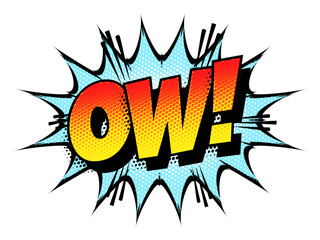 Sound effect bubble with interjection ‘Ow!’ in retro halftone comic book style 