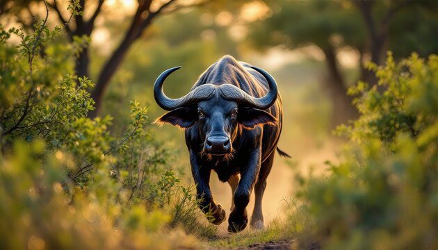 L'herbe s&egrave;che plie sous les pas lourds du buffle qui poursuit son chemin, imperturbable face aux d&eacute;fis de la brousse africaine.