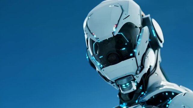 Humanoid robot with glowing elements on white background. Future robotic and cybernetic concept. Futuristic artificial intelligence technology and robotization