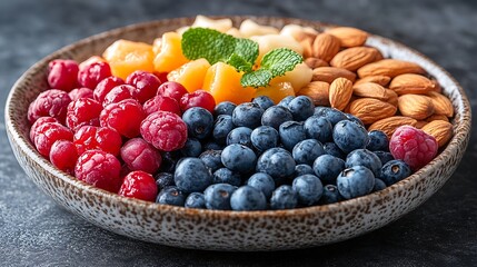 A black plate with a variety of fruits and nuts, full of blueberries, raspberries, almonds, and mango. Mixed fruits and nuts, brain-stimulating snack, healthy, natural energy boost, solid background.