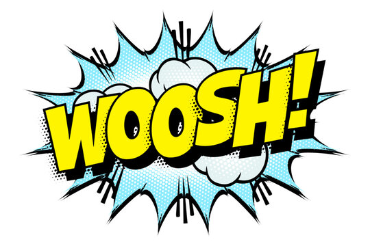 Sound effect bubble with onomatopoeia &lsquo;Woosh!&rsquo; in retro halftone comic book style 