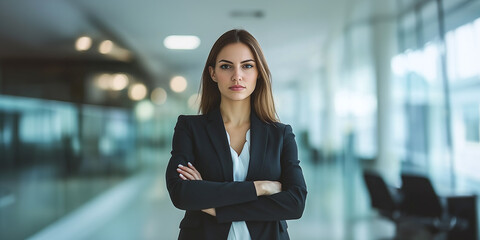 A powerful portrait of a confident businesswoman in a modern office setting. Her poised expression exudes professionalism and leadership, framed by the sleek and bright workplace environment