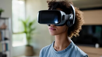 Young woman in VR headset in living room at home. Virtual reality, augmented reality concept. VR / AR metaverse simulation. Futuristic technology and future