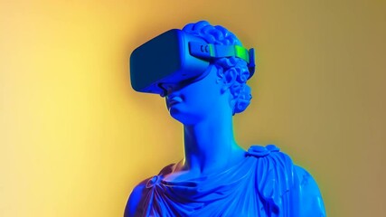 Classical bust statue with VR headset on neon background. Virtual reality, augmented reality concept. VR / AR metaverse simulation. Modern art and technology concept.