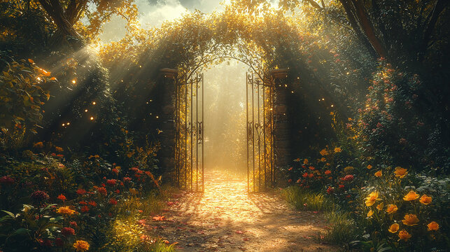 A mystical garden gate surrounded by vibrant foliage and bathed in golden sunlight, evoking a sense of magic, mystery, and the beauty of nature&rsquo;s hidden pathways