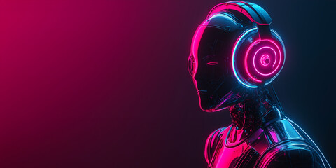 Fototapeta premium Neon Robot in Headphones, Futuristic Sci-Fi Manga Art with Space for Copy