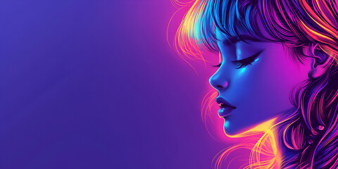 Neon Anime Girl Banner, Lo-Fi Futuristic Sci-Fi Manga Art with Space for Copy