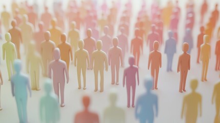 A vibrant crowd of abstract figures in various pastel colors representing diversity and unity in a modern, digital landscape.