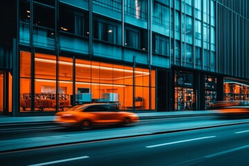 A blurry orange car speeds past a modern city building with a large storefront window.