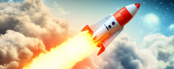 A vibrant rocket launching into a colorful sky, leaving a trail of flames and smoke, symbolizing exploration and innovation.