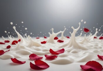 White milk splash with red rose petals isolated on grey background. Abstract, AI generated 