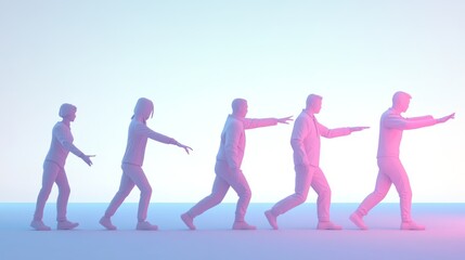 A visually striking illustration of human evolution or progression, showcasing five figures moving forward in a gradient setting.