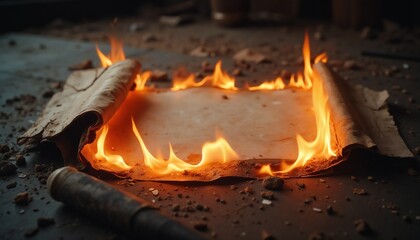 Naklejka premium Old parchment burning in flames on dark surface