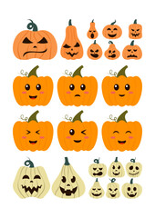 Various pumpkins with expressive faces. Autumn, Thanksgiving, Harvesting. Flat illustration set