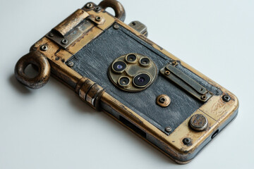 An old camera with a metal case resting on a wooden table, surrounded by vintage photography equipment and antique books.