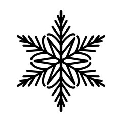 Beautiful snowflake, detailed hand drawn flat vector illustration. Graphic outline drawing. Christmas and New Year symbol. Unique snowflake silhouette icon for frosty winter designs and decorations.