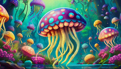 Fototapeta premium oil painting style cartoon character illustration jelly fish in a water