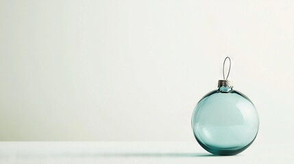   A blue glass ornament dangles from a white table against a white wall backdrop, with another white wall in the foreground