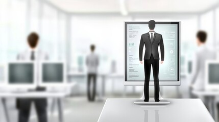 Businessman standing before a digital display in a modern office, showcasing a professional and tech-savvy environment.