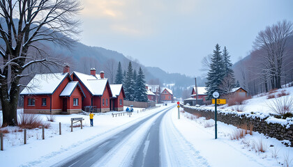 Fototapeta premium Acrylic painting of a picturesque village during winter with visible road safety features