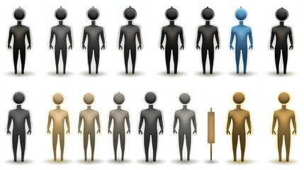 Fototapeta premium Collection of diverse humanoid figures in various colors and positions, symbolizing individuality and representation.