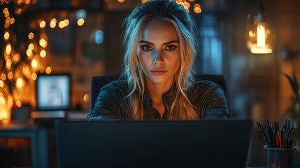 Fototapeta premium Blonde Officer woman while working from home. Ready for working with home office setup