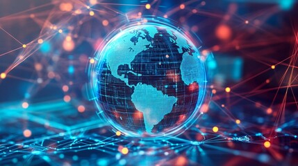 Fototapeta premium A Holographic Earth Globe Surrounded by Interconnected Lines and Glowing Lights