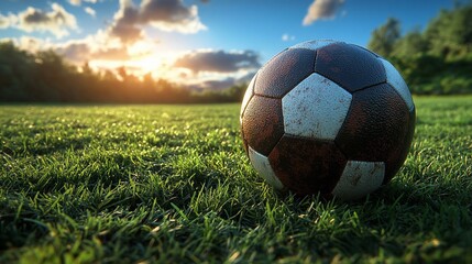 Fototapeta premium A classic soccer ball sits on a lush green field at sunset, with a warm golden light filtering through the clouds.