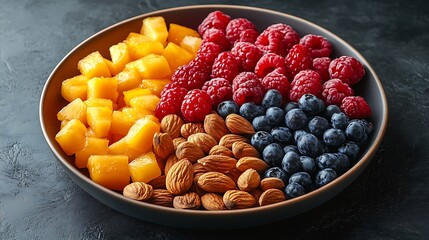 A black plate with a variety of fruits and nuts, full of blueberries, raspberries, almonds, and mango. Mixed fruits and nuts, brain-stimulating snack, healthy, natural energy boost, solid background.
